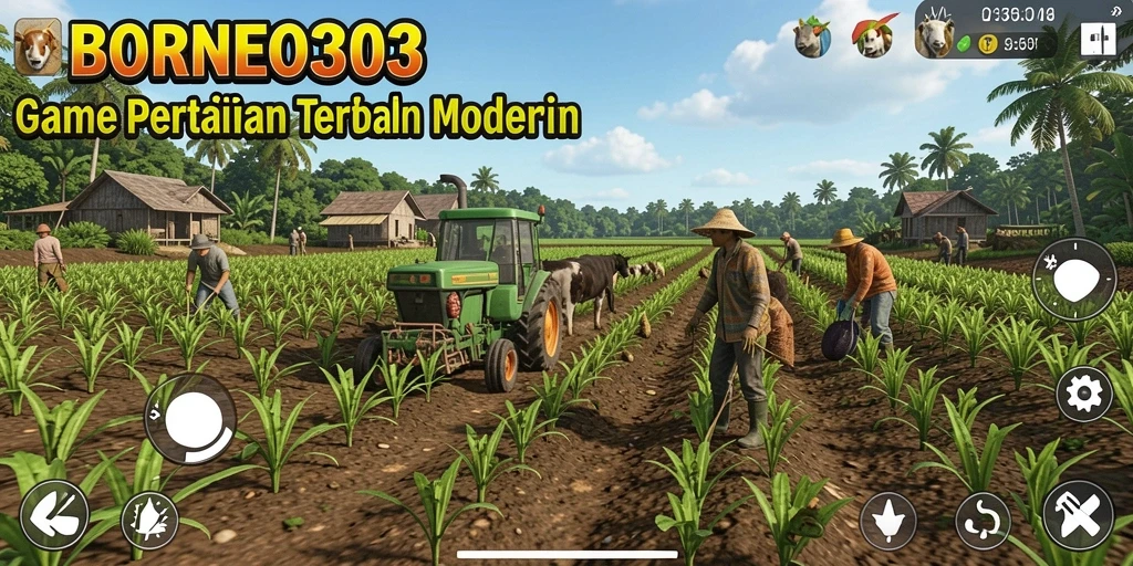 Tampilan gameplay menarik dari BORNEO303, dengan aktivitas bertani yang seru.