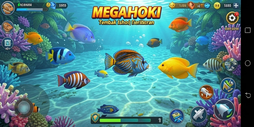 Tampilan gameplay seru di MEGAHOKI dengan ikan berwarna-warni.